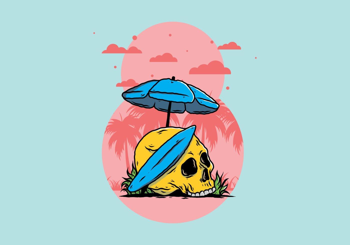 illustratie van schedel met surfplank onder parasol vector