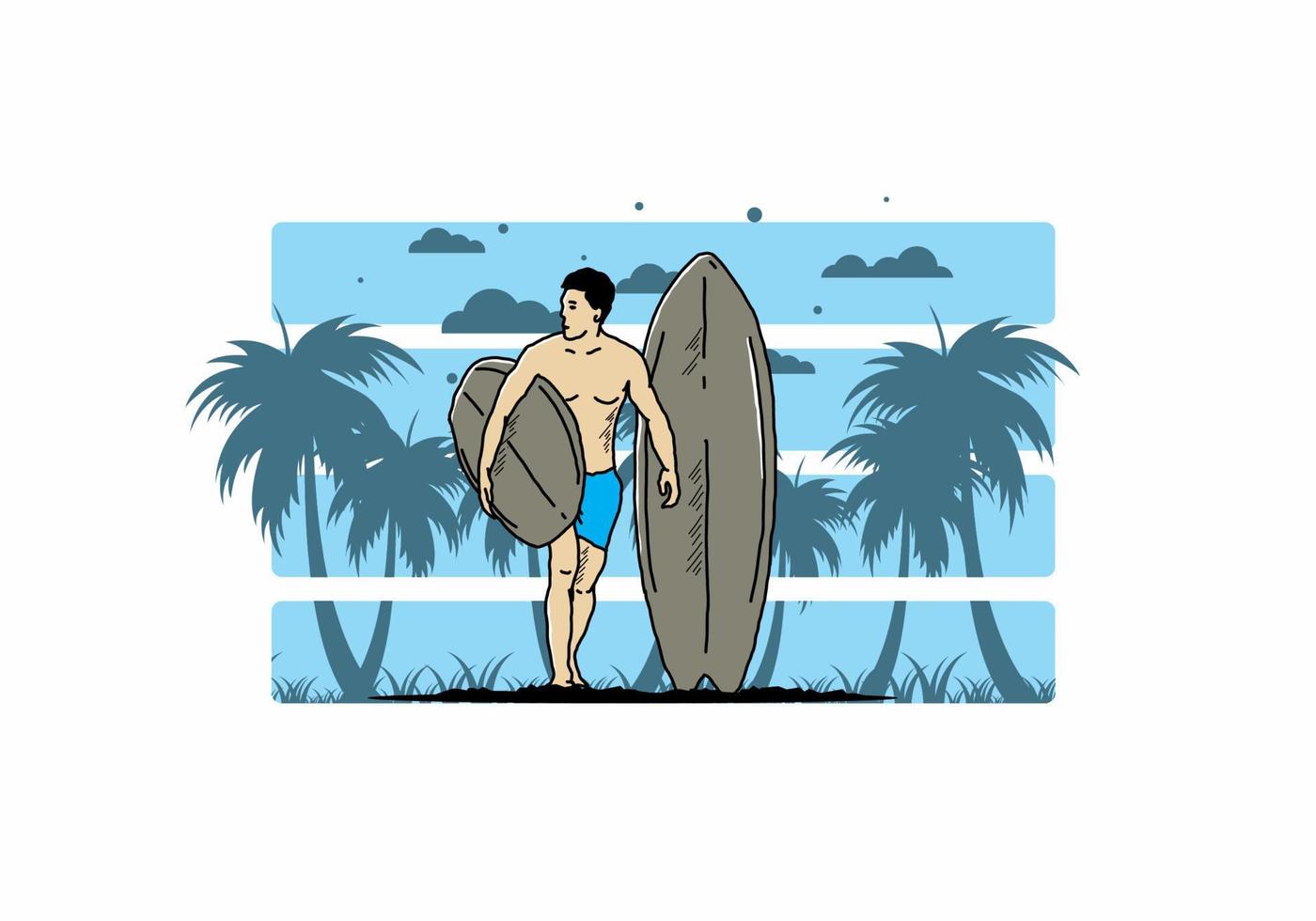 de shirtloze man met een surfplankillustratie vector