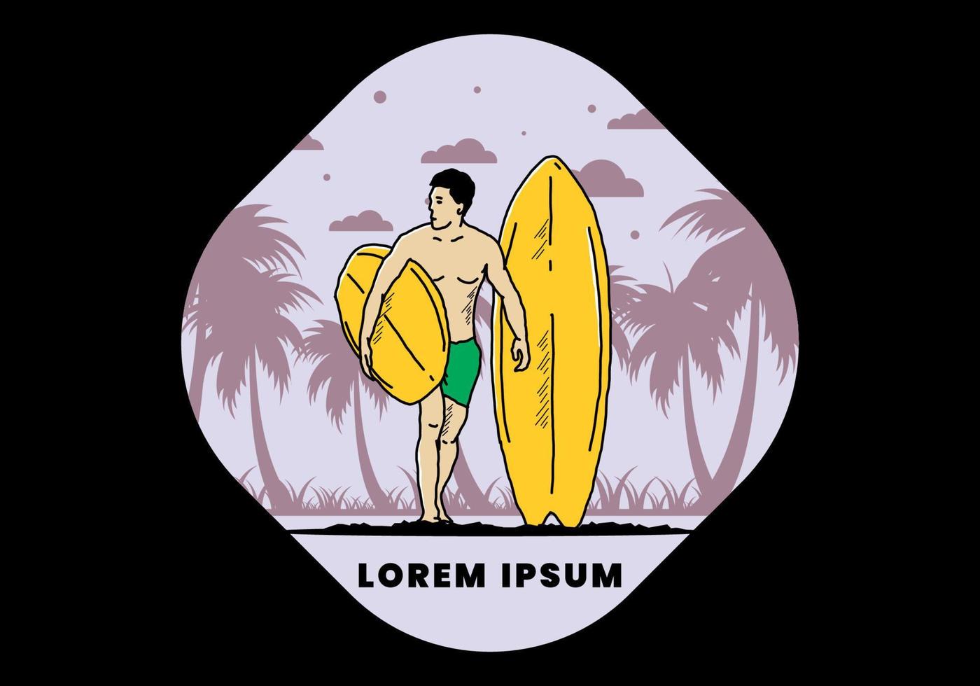 de shirtloze man met een surfplankillustratie vector