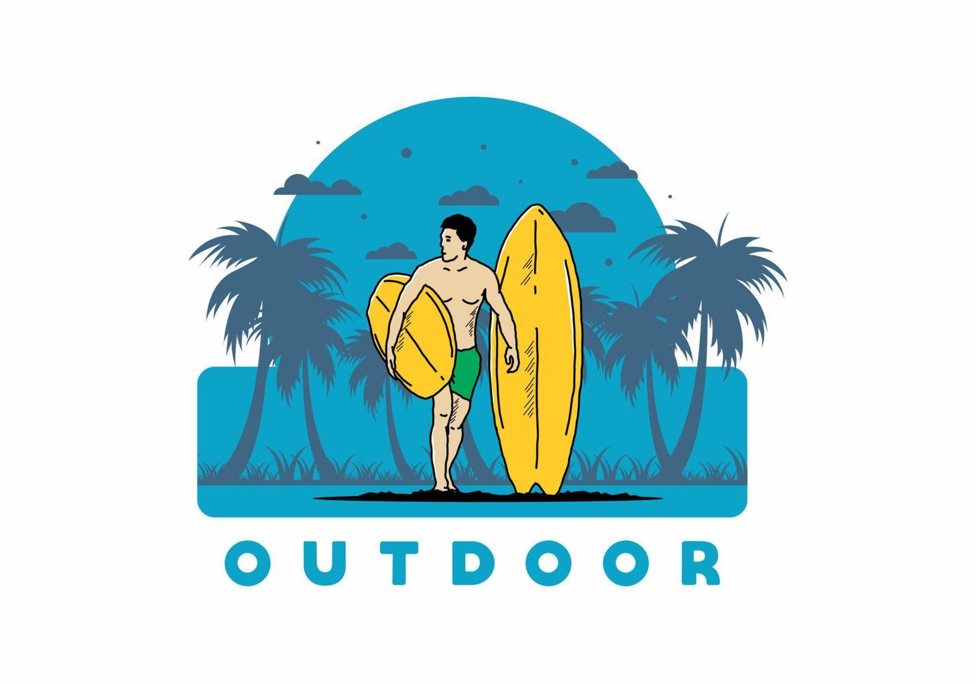 de shirtloze man met een surfplankillustratie vector