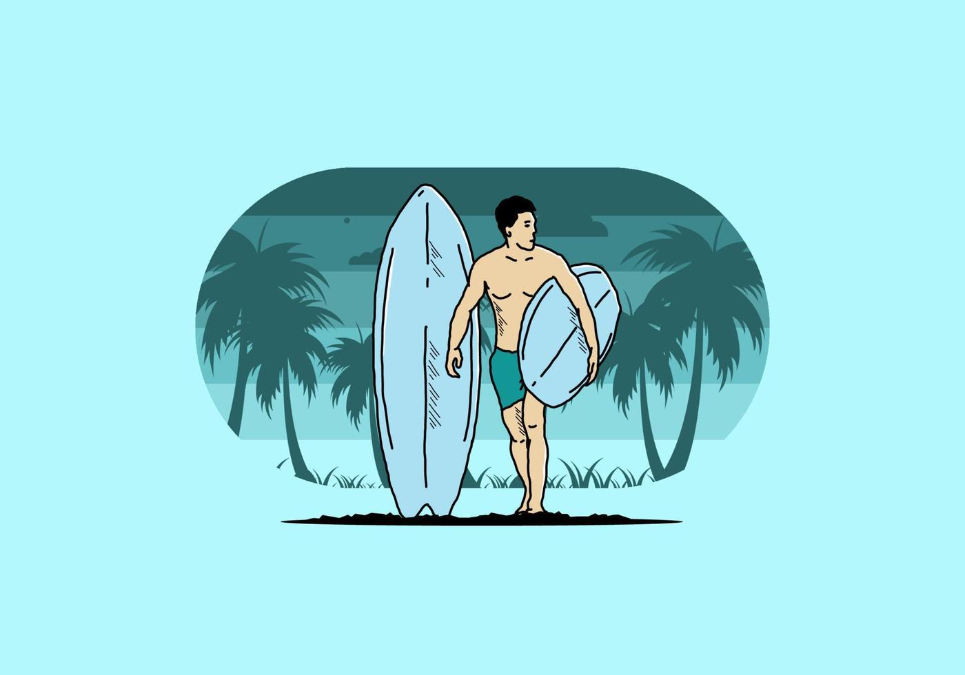 de shirtloze man met een surfplankillustratie vector