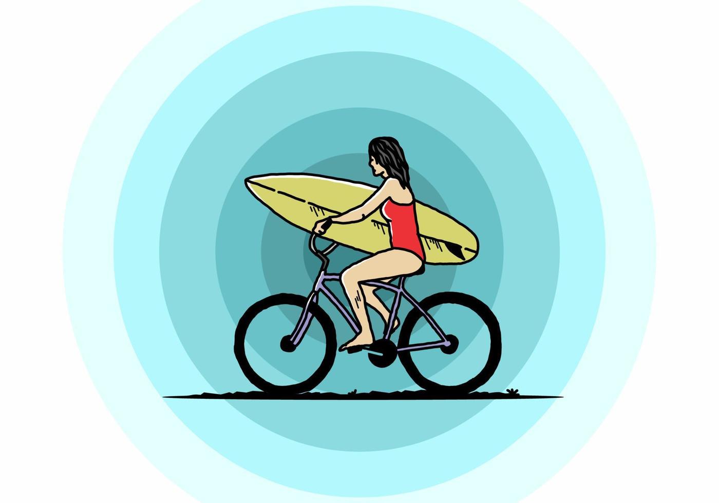 illustratie van een vrouw die gaat surfen op een fiets vector