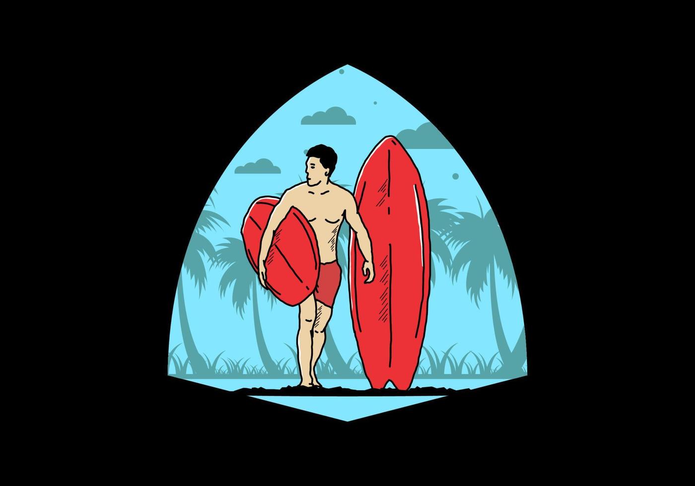 de shirtloze man met een surfplankillustratie vector