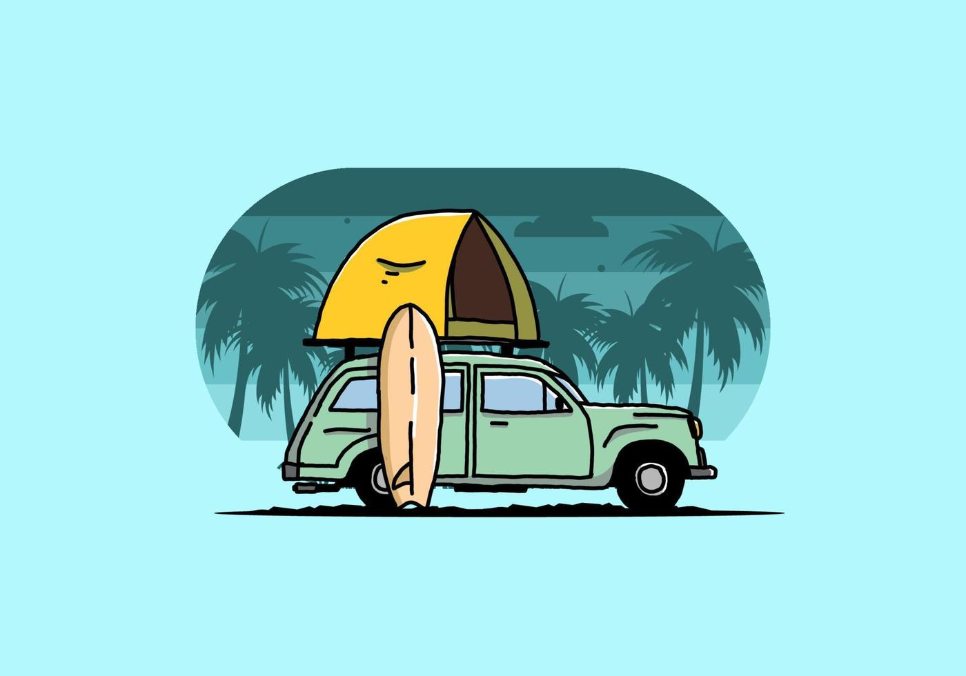 illustratie van auto met een daktent en een surfplank aan de zijkant vector