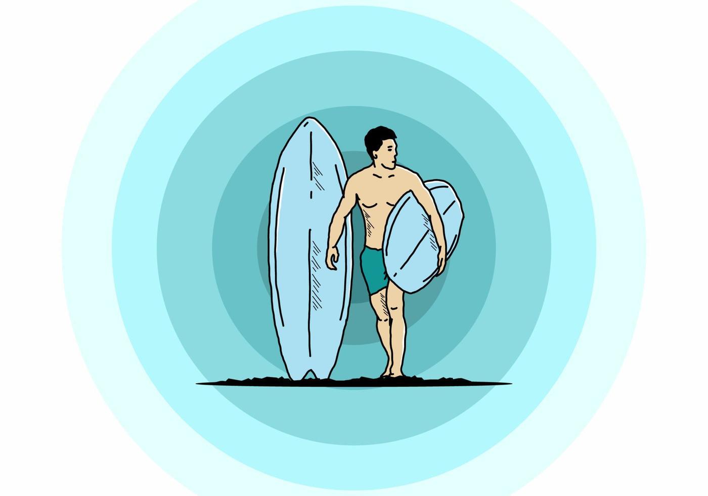 de shirtloze man met een surfplankillustratie vector