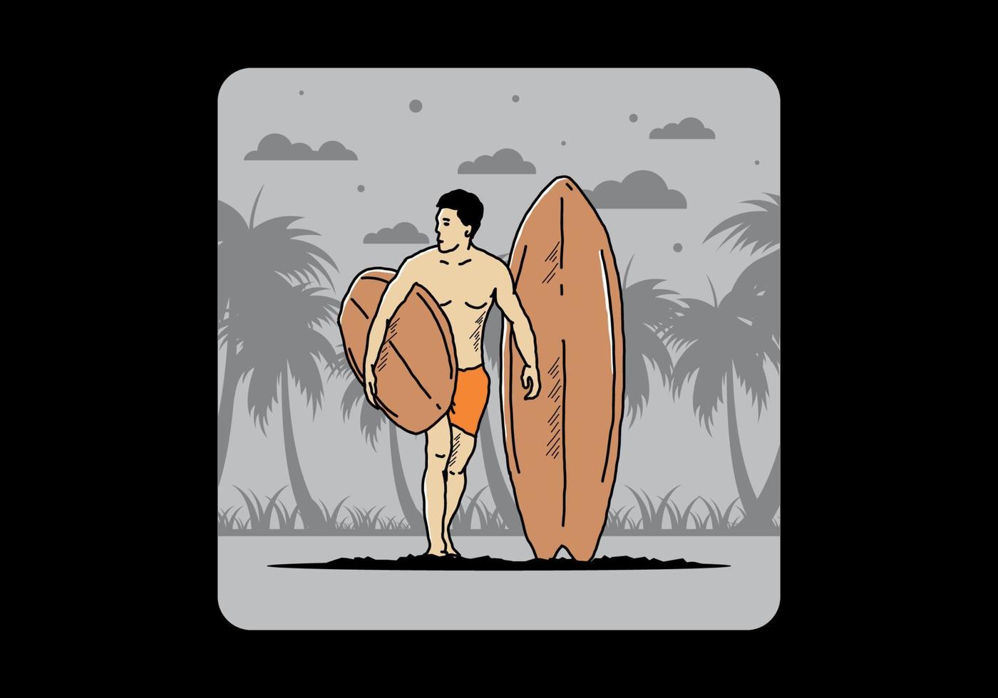 de shirtloze man met een surfplankillustratie vector