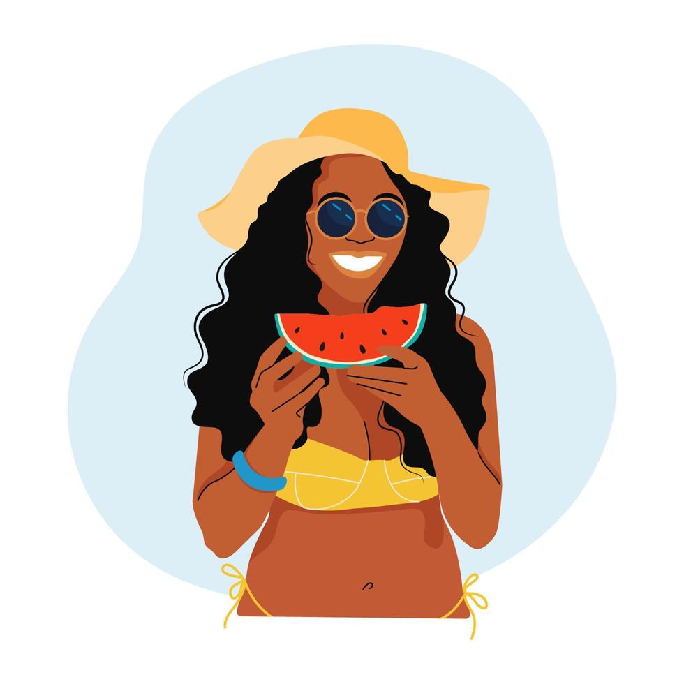 gelukkige vrouw rust op het strand. zomer geluk en gezond eten concept. geïsoleerd karakter van een meisje in een zwembroek op een witte achtergrond. leuk vrouwenkarakter die rijpe rode watermeloen eten. vector