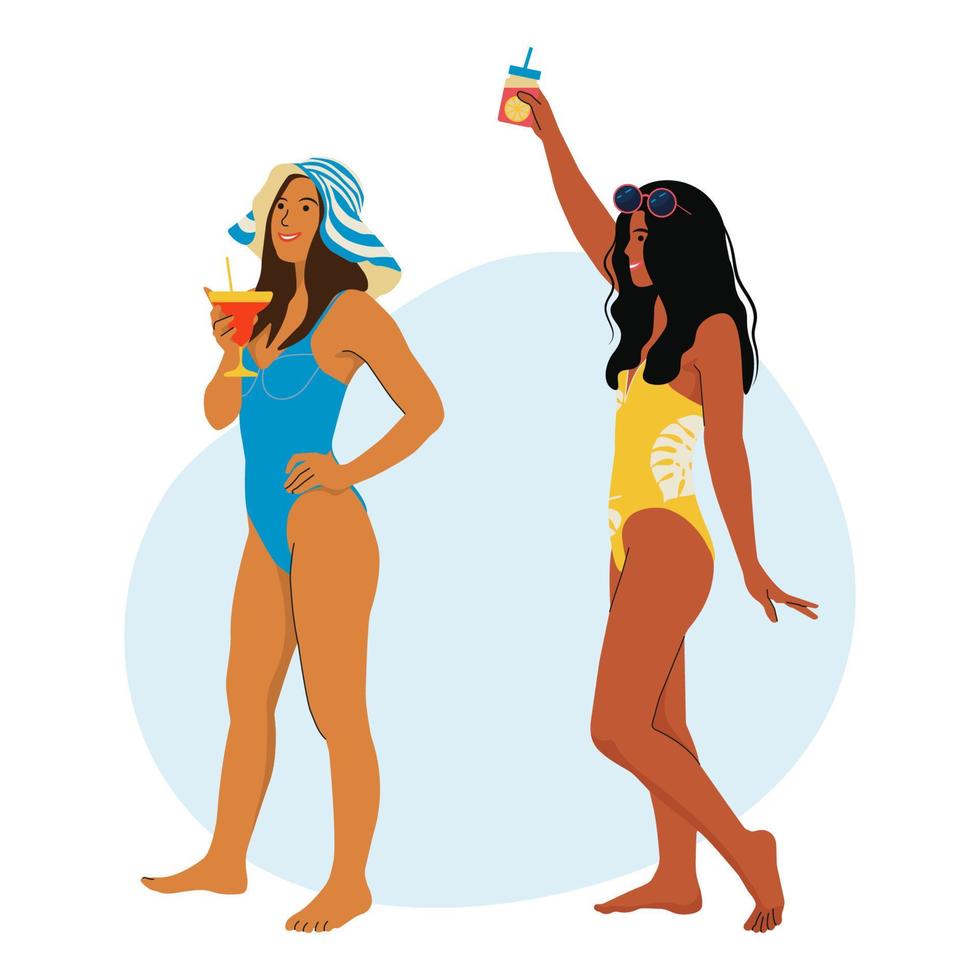 meisjes met fruitcocktails in hun handen. vrouwelijke vrienden op een zomers strandfeest. mooie meisjes in zwemkleding drinken een fruitcocktail. zomervakantie, rust en ontspanning. platte vectorillustratie. vector