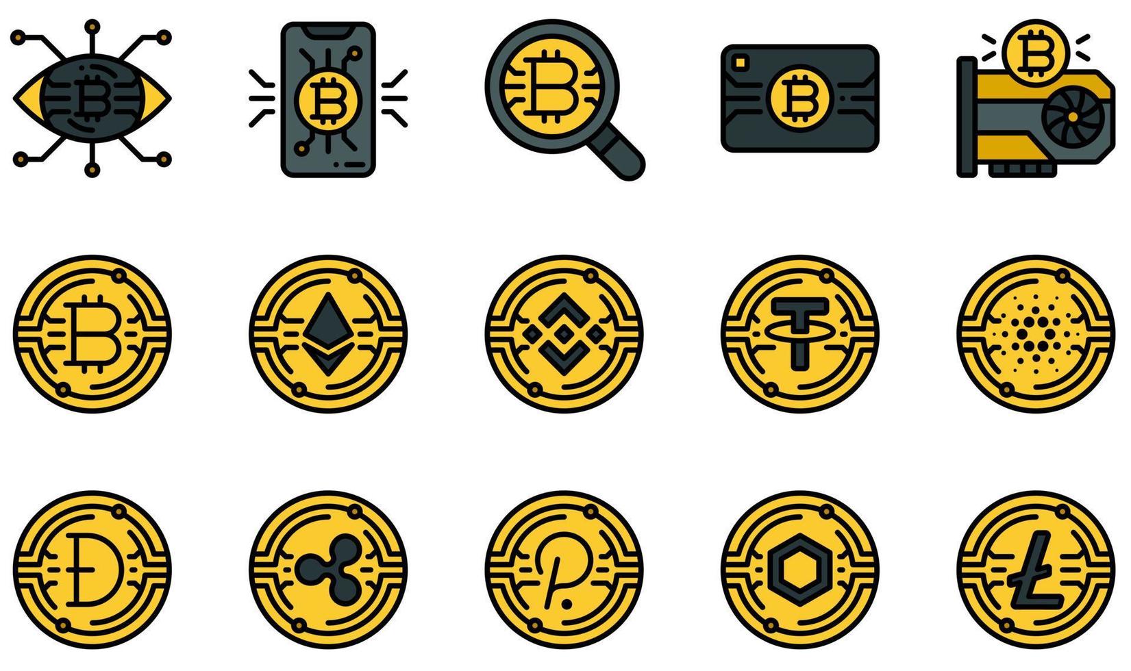 set van vector iconen gerelateerd aan cryptocurrency. bevat pictogrammen zoals smartphone, zoeken, creditcard, grafische kaart, bitcoin, ethereum en meer.
