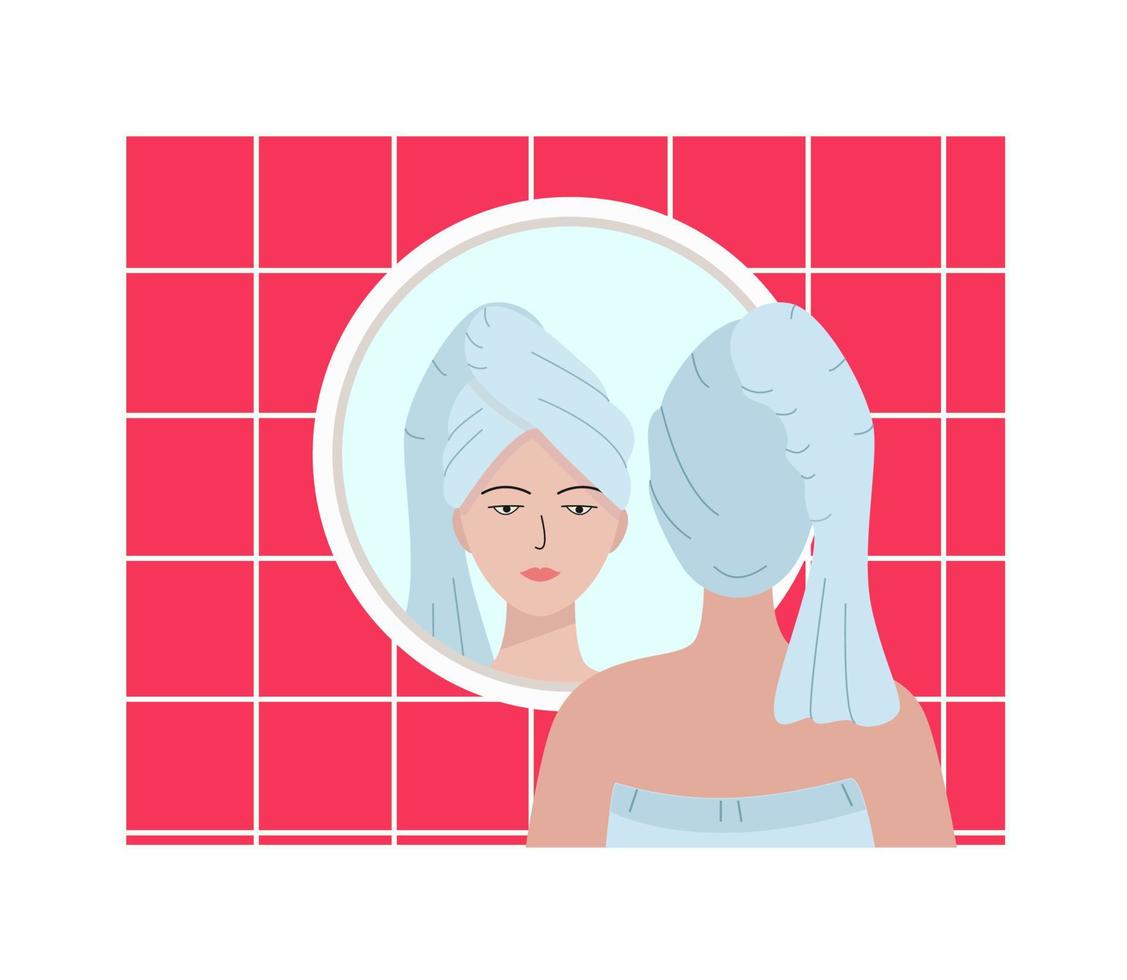 een jonge vrouw met een handdoek op haar hoofd wordt weerspiegeld in de badkamerspiegel. vectorillustratie van het concept van schoonheid, hygiëne vector