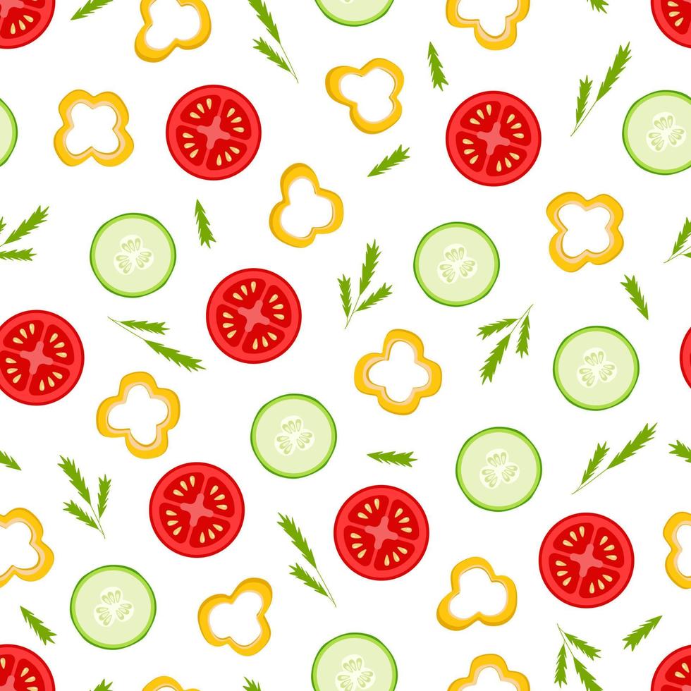 naadloze patroon van verse plakjes tomaat, komkommer en peper plakjes, vectorillustratie van het concept van een gezonde salade vitaminen vector