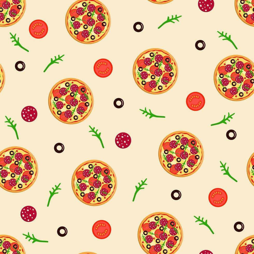 naadloze patroon vector tekening van een hele ronde pizza met tomaten, pepperoni worst, olijven kaas en rucola