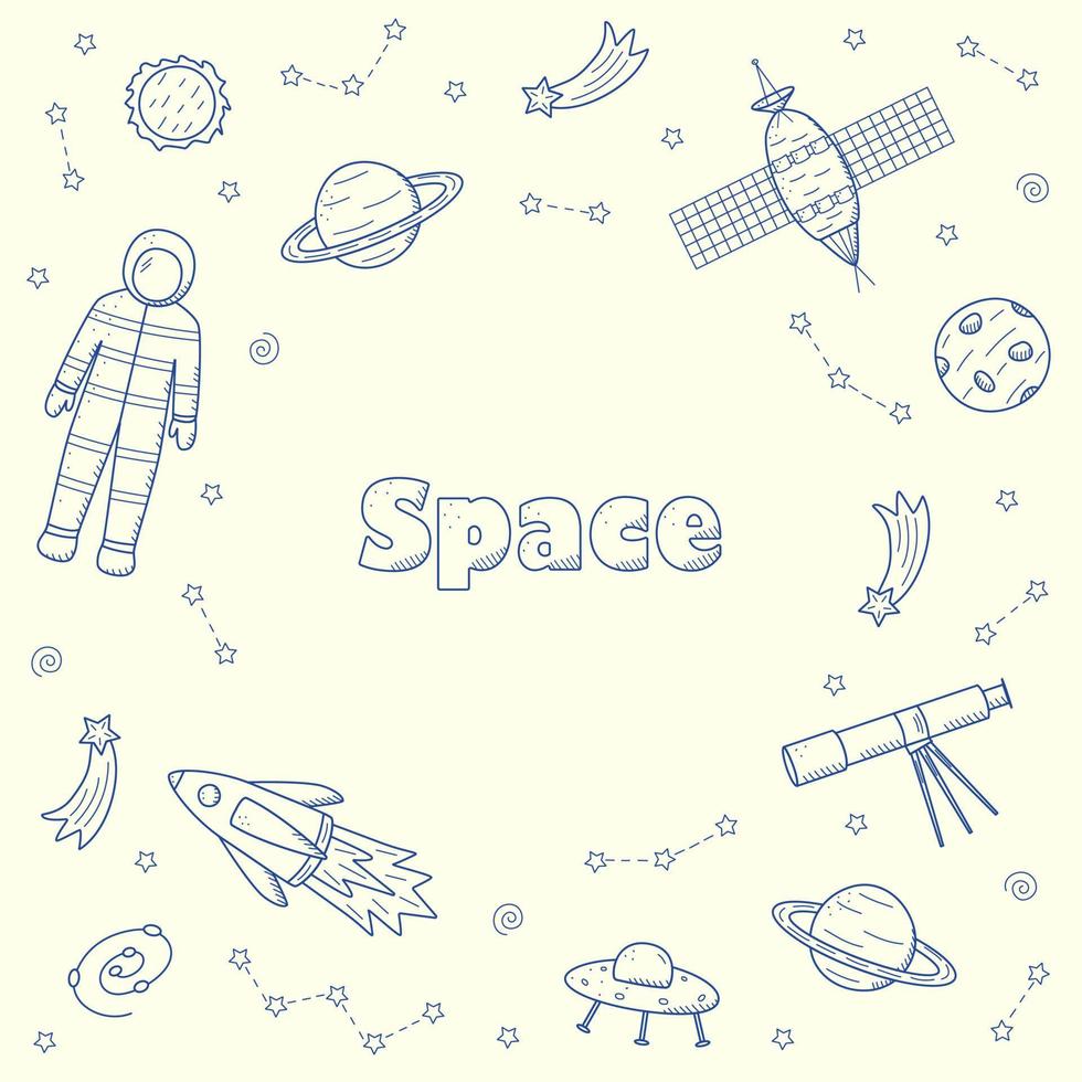 kosmos doodle is een set van vectorillustraties. frame iconen van ruimte-elementen raket kosmonaut sterren satelliet telescoop komeet vector
