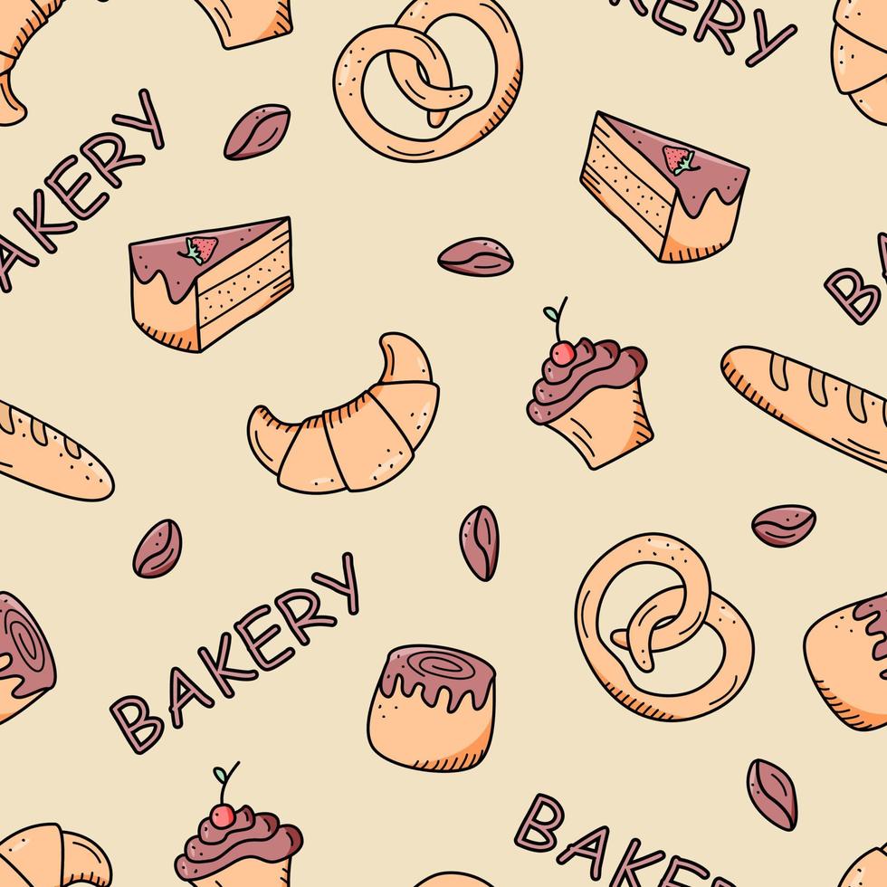 naadloos bakpatroon. vectorachtergrond van deegproducten, croissantbroodjes brood cupcake. het concept van een bakkerij of café vector