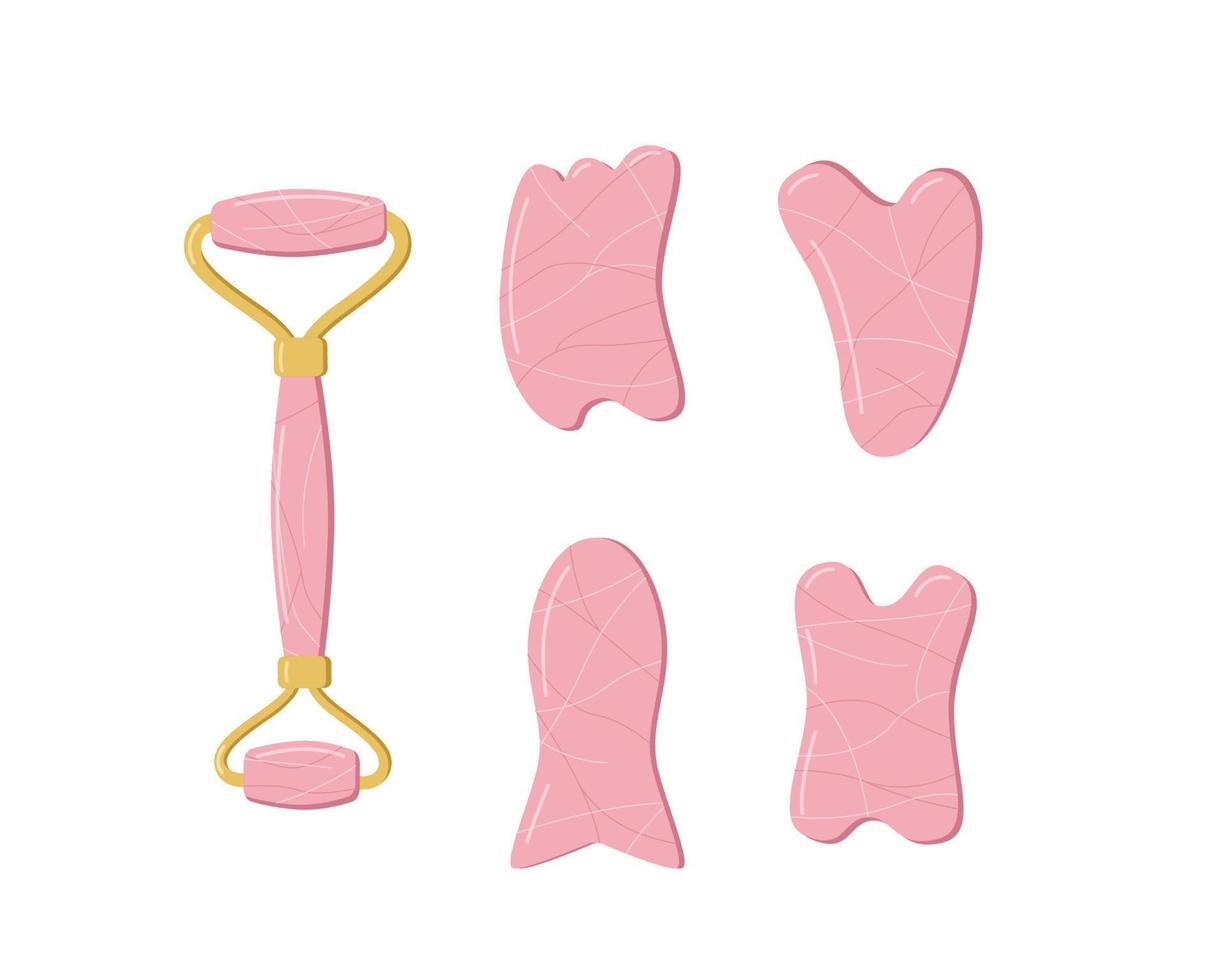 een set trendy gua sha schrapers van natuursteen en roller massager voor gezichtsverzorging. vector illustratie huidverzorging concept