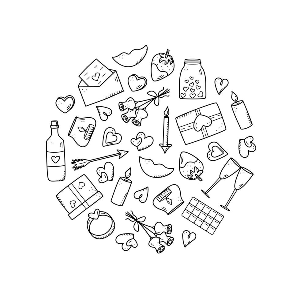 een set doodle pictogrammen voor Valentijnsdag of bruiloft. vectorillustratie van romantische accessoires kaarsen harten ring fles en glazen wijn, aardbei chocolade cadeau lippen vector