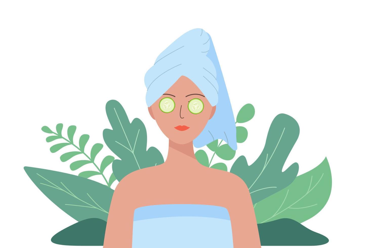 vrouw met een handdoek op haar hoofd en plakjes komkommer op de ogen. vectorillustratie van het concept van schoonheid, hygiëne. natuurlijke achtergrond vector