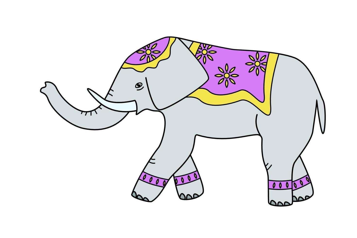 cartoon getekende olifant met een deken op zijn rug en op zijn hoofd. Indiase tribal olifant ingericht, vectorillustratie. vector