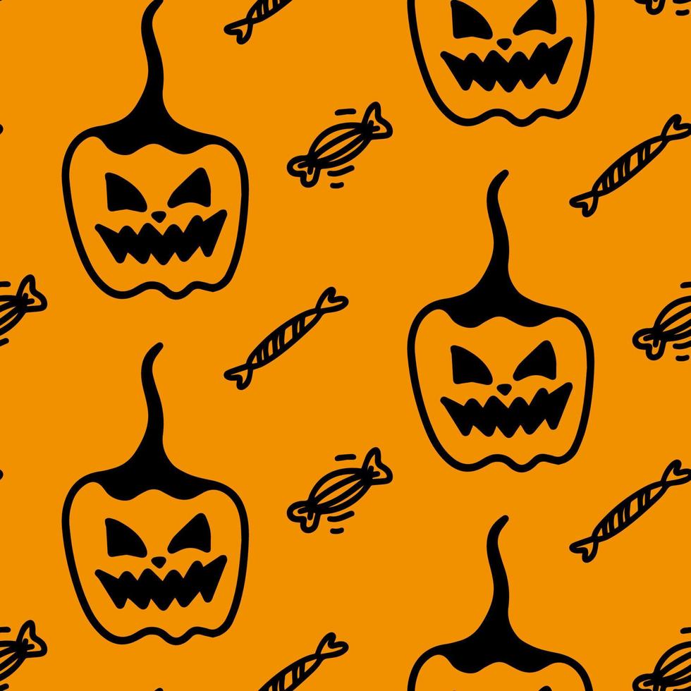 vector halloween naadloze patroon van pompoen, snoep op de oranje achtergrond. leuke illustratie voor seizoensgebonden ontwerp, textiel, decoratie kinderspeelkamer of wenskaart. handgetekende prints en doodle.