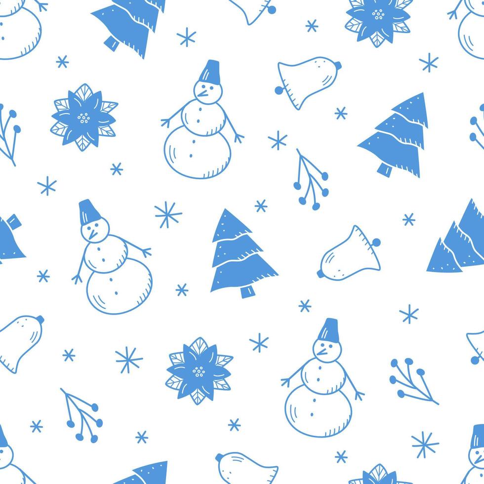 naadloze doodle patroonelementen van kerst- en nieuwjaarselementen, sneeuwpopsparren en winterbloemen, sneeuwvlokken vector