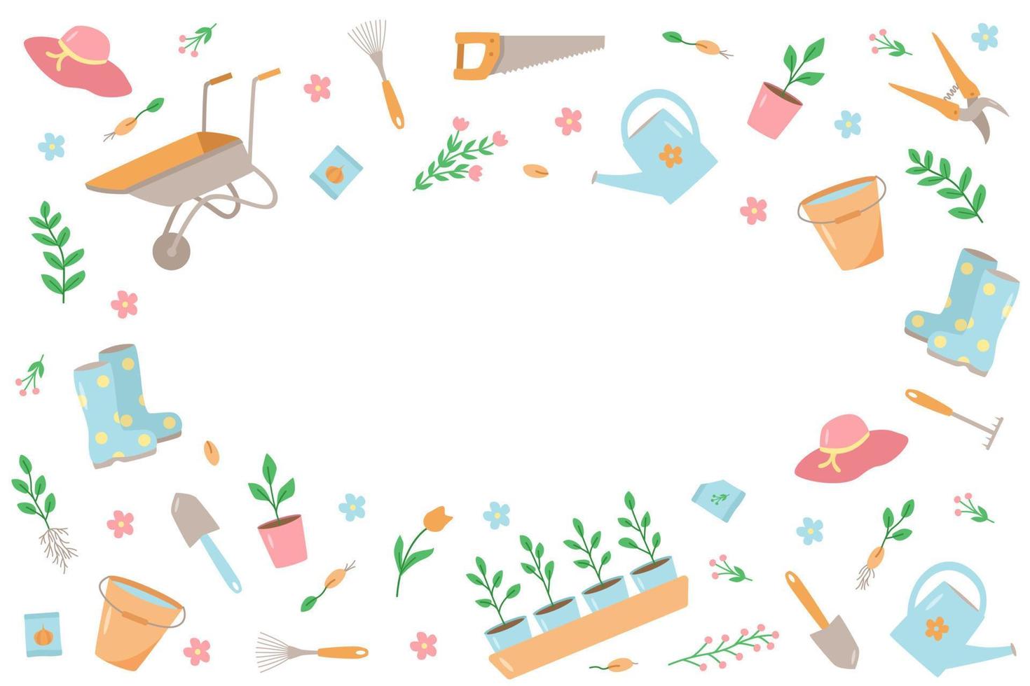 tuingereedschap en planten, een set van vector doodle illustraties. concept tuinieren, een zomerhobby