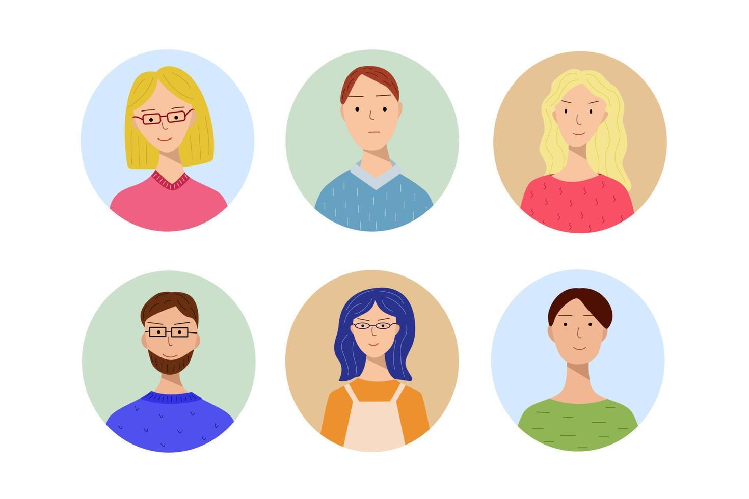 set van verschillende avatars met mannen en vrouwen. portretten van mensen van verschillende leeftijden en looks. trendy stijlillustratie voor pictogram, avatars, portretontwerp vector