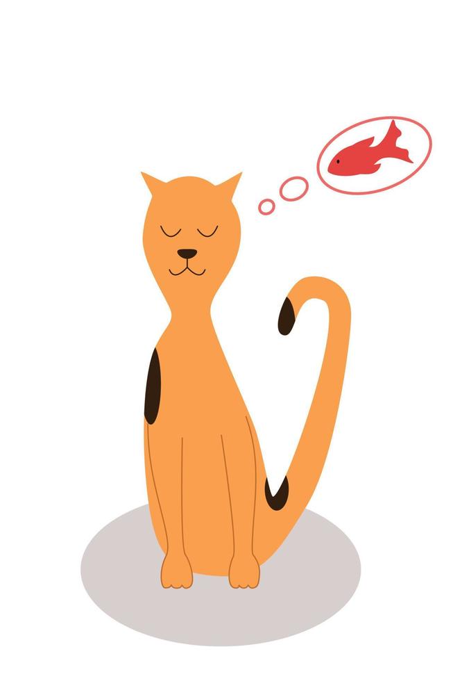 schattige rode kat droomt van vis die hij wil eten, vectorillustratie van een huisdierkarakter vector