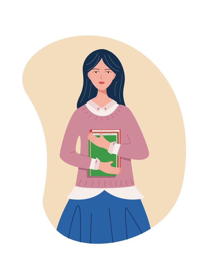 schattig studentenmeisje met een boek in haar hand. vectorillustratie van een leerling, het concept van onderwijs vector