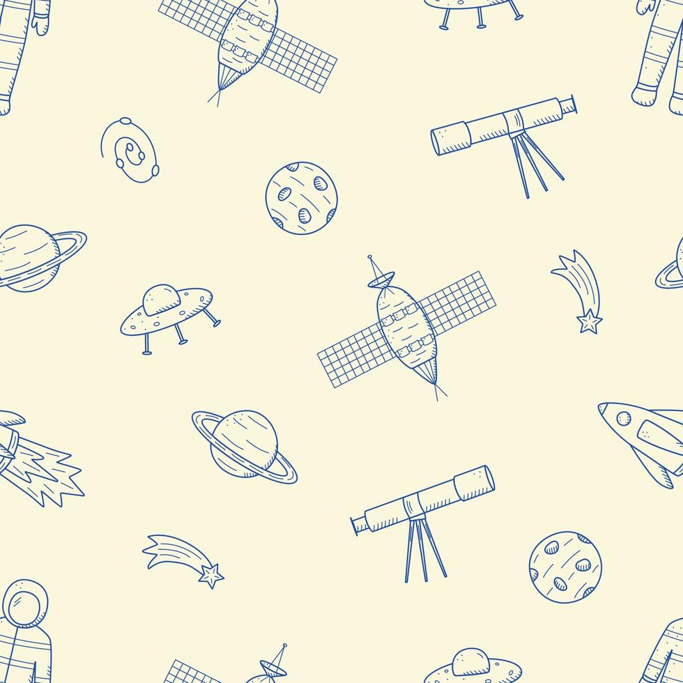 kosmos doodle is een set van vectorillustraties. naadloze patroon iconen van ruimte-elementen raket kosmonaut sterren satelliet telescoop komeet vector