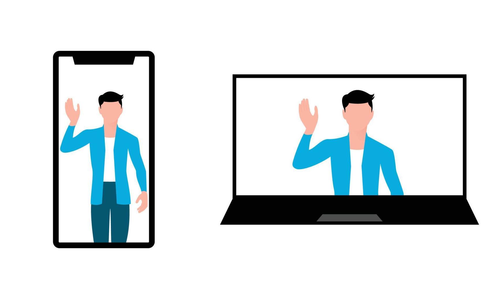 man zwaaiende hand van telefoon en laptop, zakelijke karakter vectorillustratie op witte achtergrond. vector