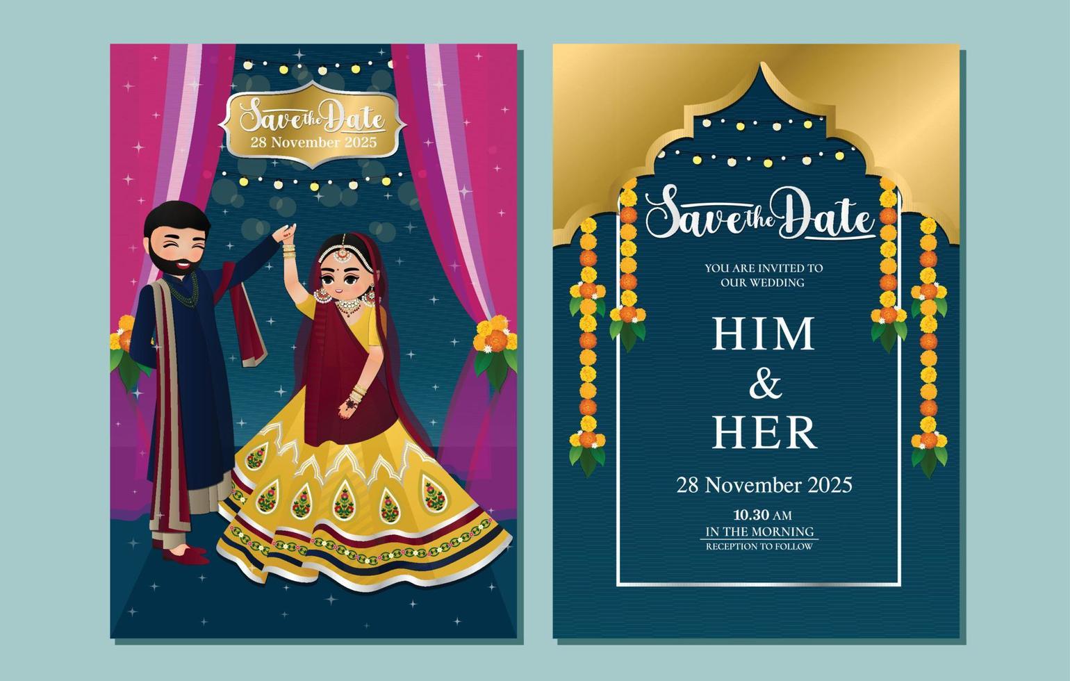 Indiase bruiloft uitnodigingskaart schattig hindoe paar stripfiguur in voor- en achteraanzicht vector