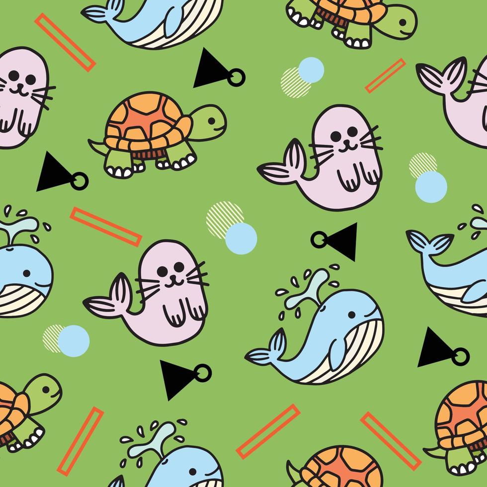 schattig zeeschildpad dolfijn dier naadloos patroon behang met design groen. vector