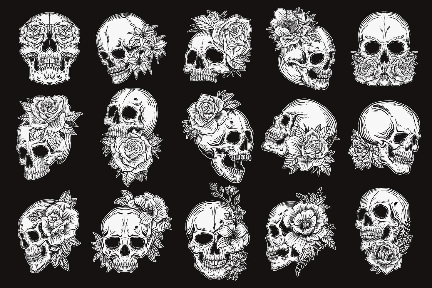 set mega collectie bundel van handgetekende schedel met roos hoofd donkere kunst met verschillende engel uitkomen schets stijl illustratie vector