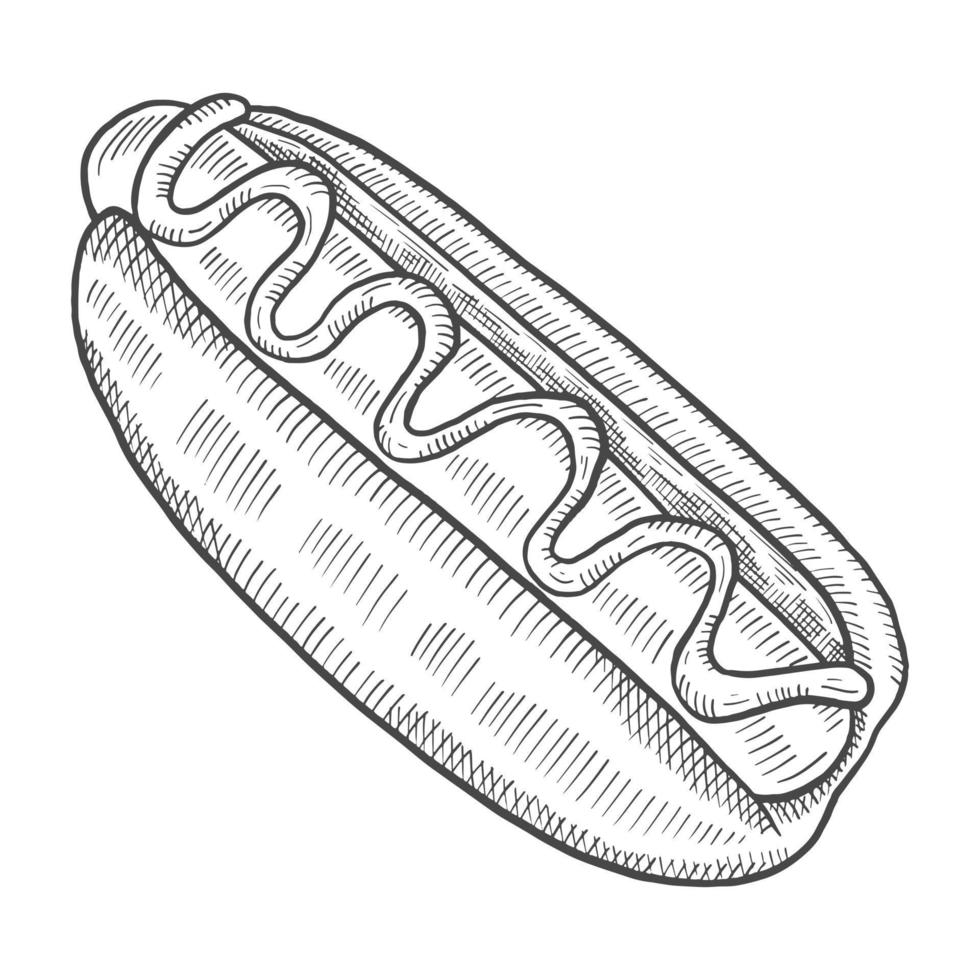 hotdog fastfood enkele geïsoleerde hand getrokken schets met kaderstijl vector