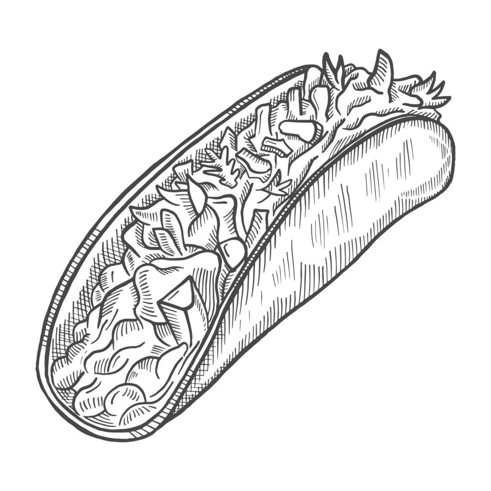 Taco's fastfood enkele geïsoleerde hand getrokken schets met kaderstijl vector