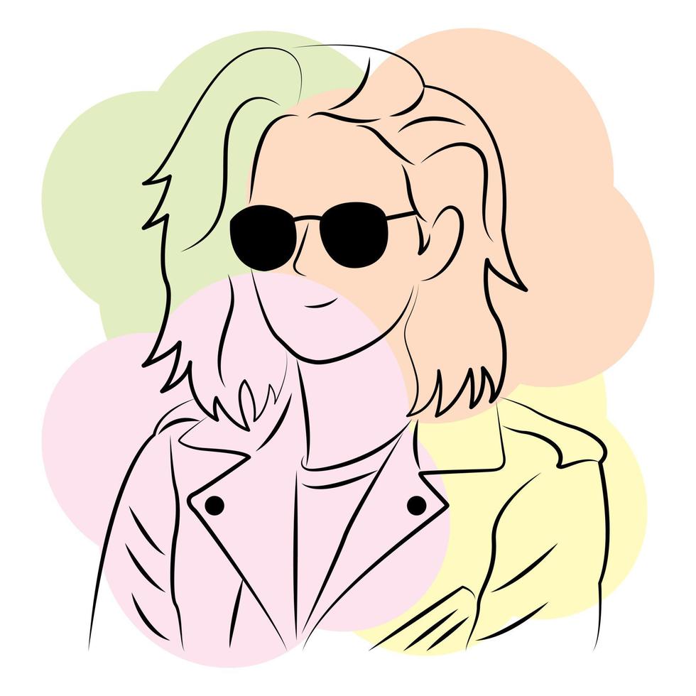 vrouwenpersonage met een zonnebril in minimale tekenfilmstijl vector