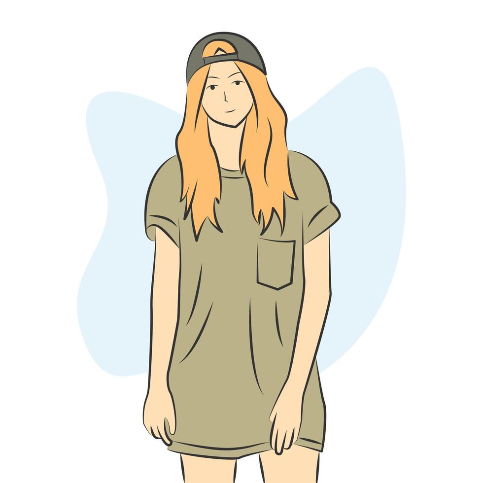schattig blond meisje met hoed en vrijetijdskleding in platte tekenfilmstijl vector