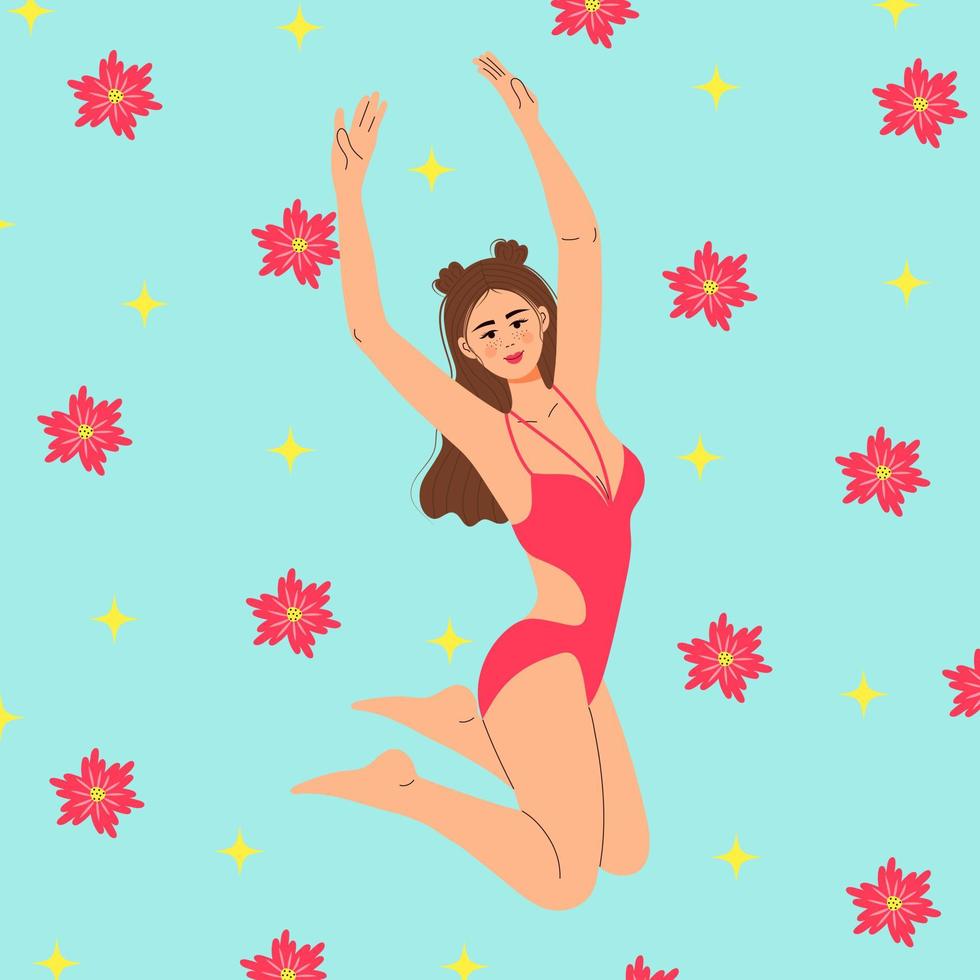gelukkig meisje in een zwembroek springt. zomervakantie, lichaam positief, gezonde levensstijl, geestelijke gezondheid. vector