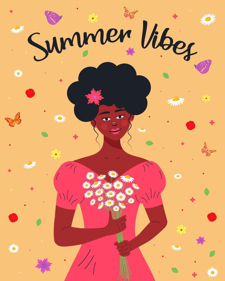mooi afrikaans meisje met een boeket kamilles. bloemen, bladeren en vlinders rond. zomer vibes citaat. vector