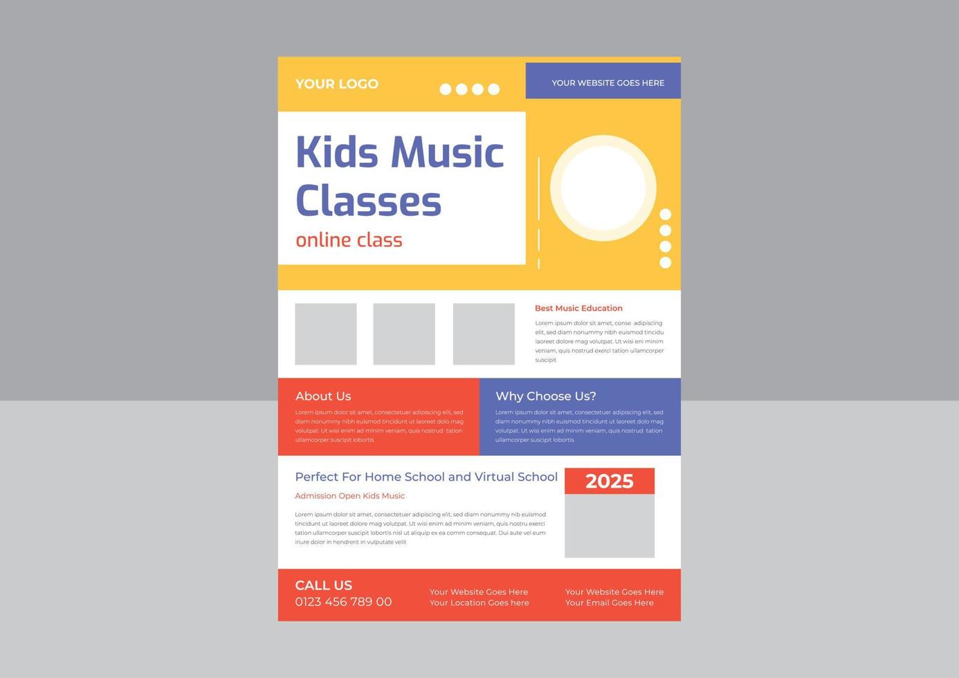 ontwerpsjabloon voor kindermuziek-flyer, ontwerpsjabloon voor kindermuziekklasse online, flyer voor kindermuziekklasse, poster-sjabloon. vector