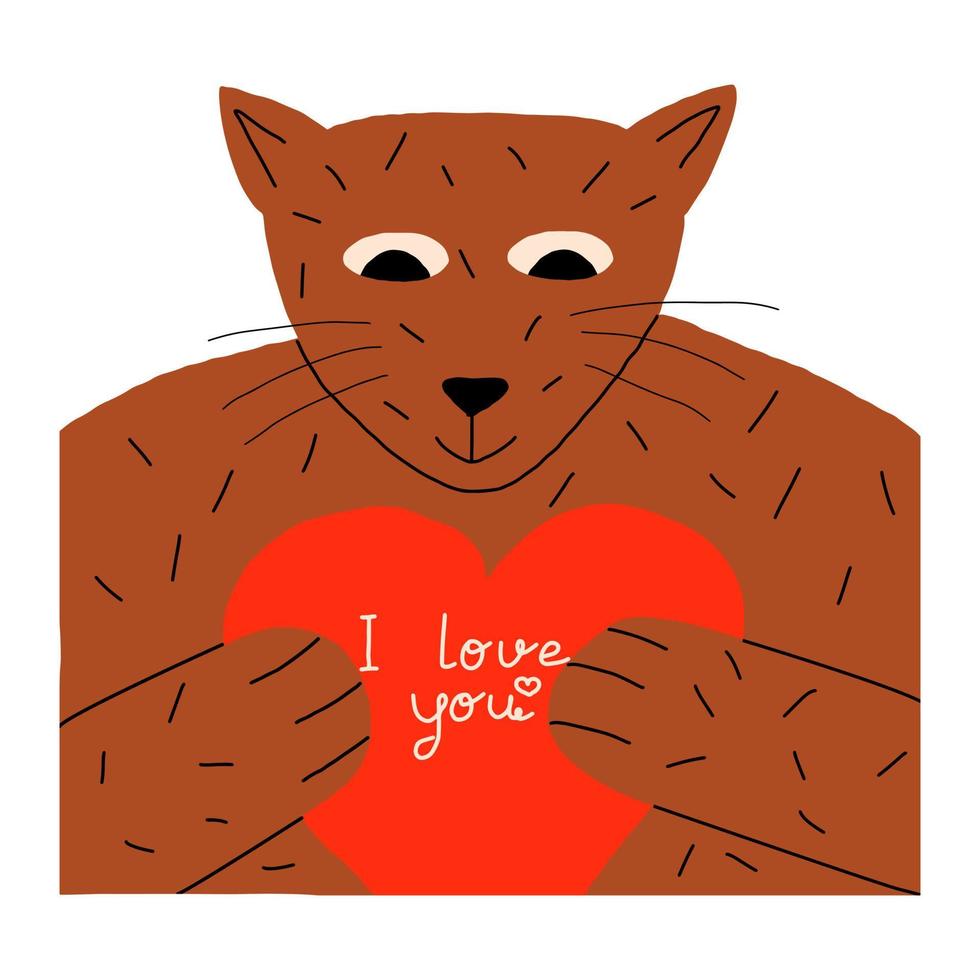 schattige handtekening kat met rood groot hart en citaat ik hou van je. vectorillustratie voor Valentijnsdag vector