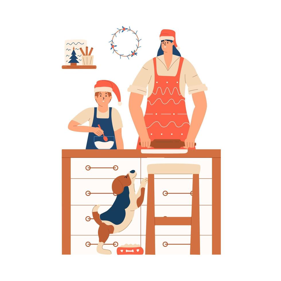 moeder met haar zoon in schorten en rode hoed bereidt eten in de keuken voor Kerstmis en Nieuwjaar. gebakken goederen koken voor de vakantie. vectorillustratie in vlakke stijl vector