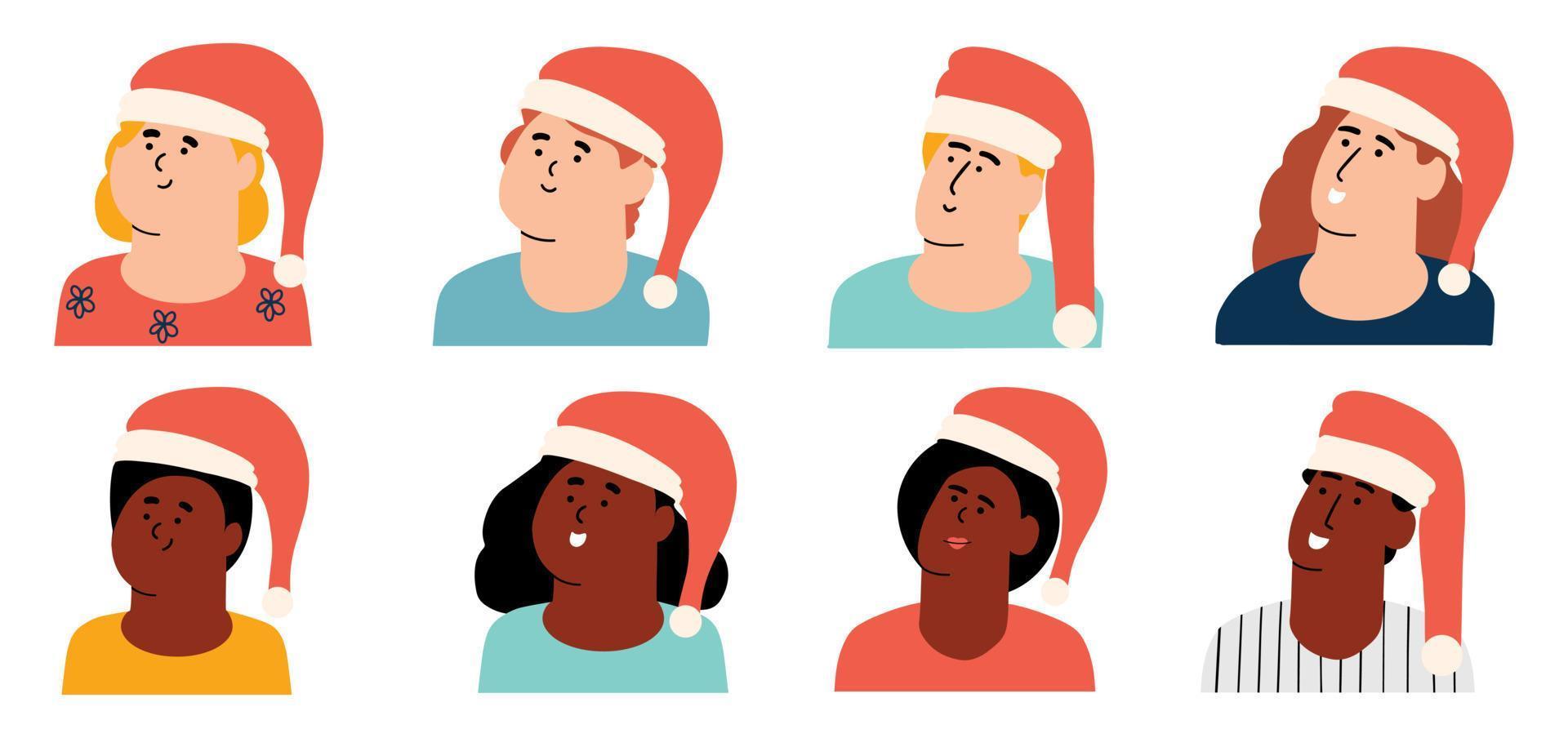 set tekens met een rode kerstmuts. gelukkige europese en afrikaanse amerikaanse familie. vectorillustratie in vlakke stijl vector