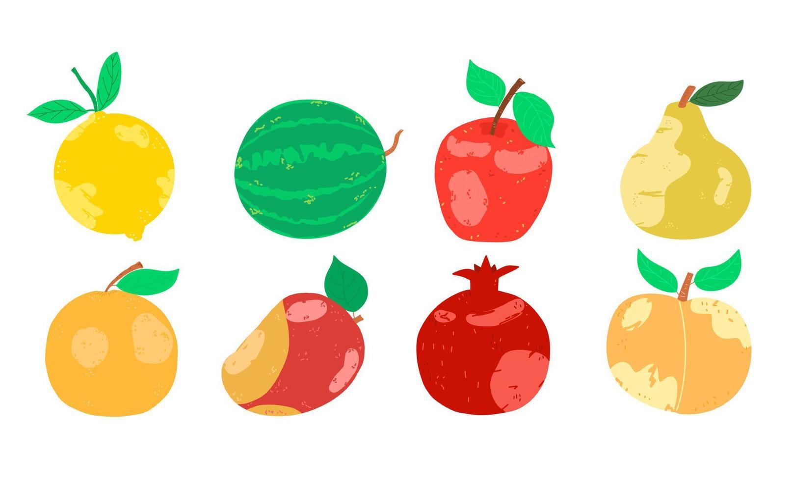 set van rijpe sappige vruchten. citroen, sinaasappel, mango, peer, watermeloen, appel, granaatappel, perzik. handgetekende stijl vectorillustratie vector