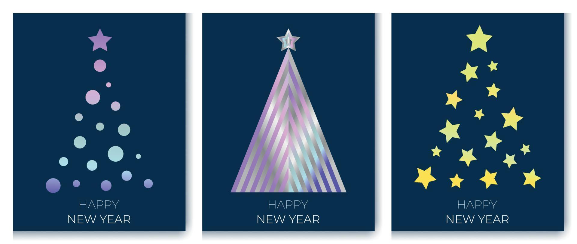 prettige kerstdagen en gelukkig nieuwjaar moderne kaartenset. kerstboom ontwerp elementen begroeting tekst op blauwe achtergrond vectorillustratie vector