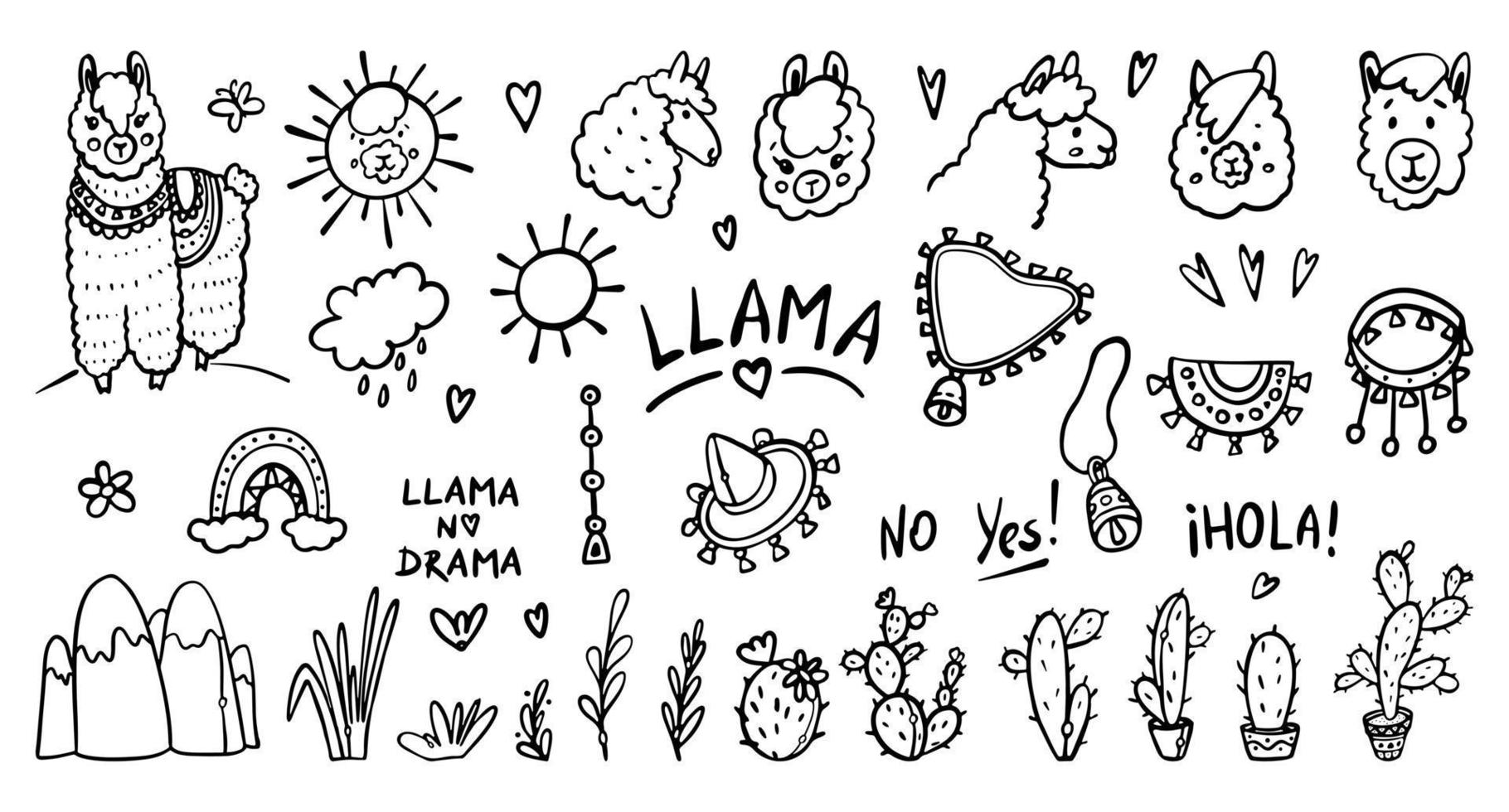 Lama handgetekende schets doodles cartoon vector illustratie set. schattige alpaca, dierenportretten, cactussen, bladeren, sieraden