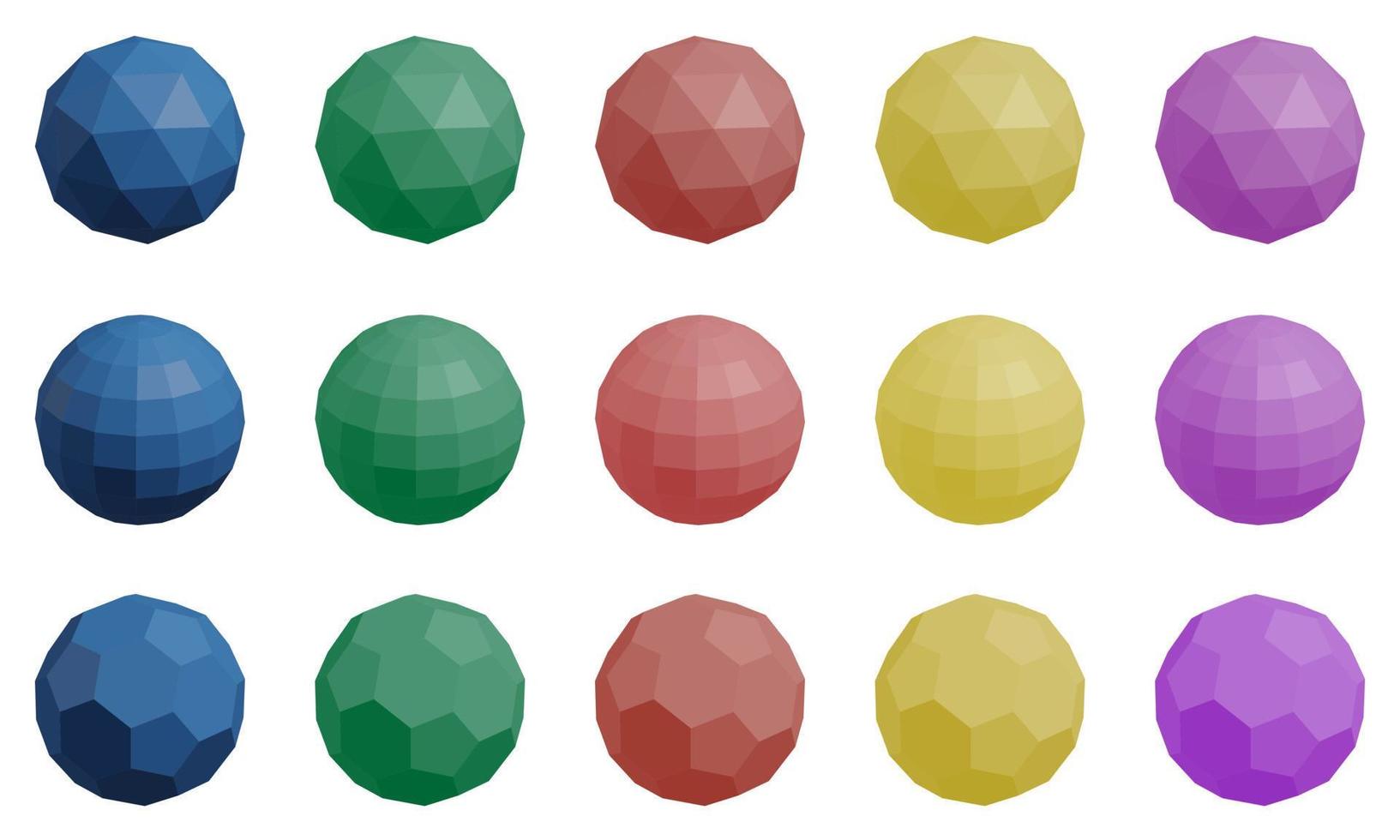 set van 15 kleurrijke low-poly primitieven geïsoleerd op een witte achtergrond. vector icosaëder, dodecaëder en voetbal ballen vormen van vijfhoeken en zeshoeken.