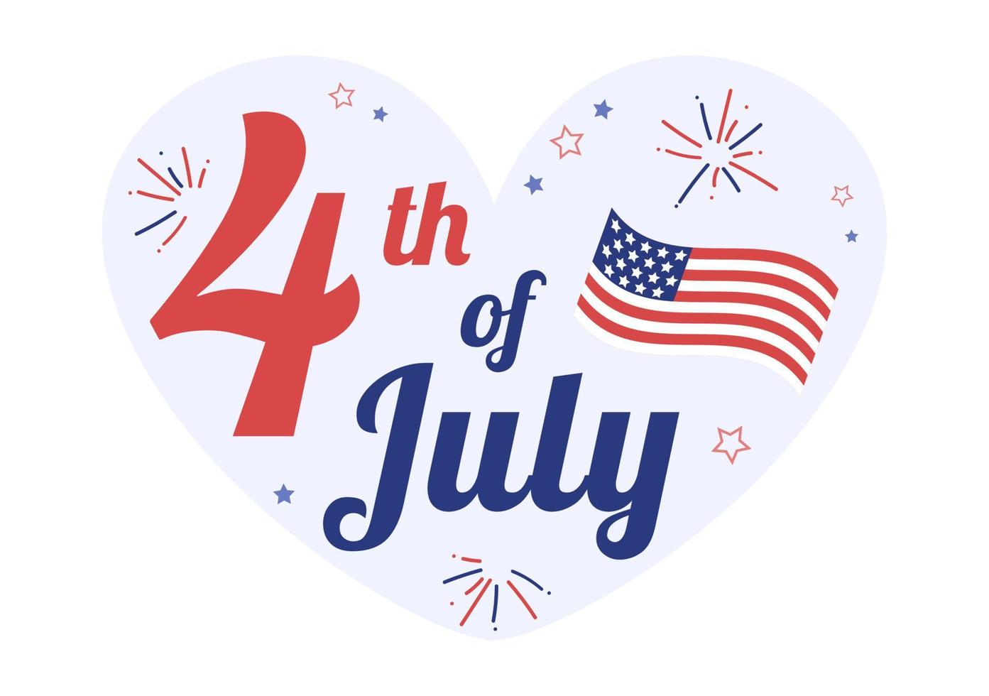 4 juli gelukkige onafhankelijkheidsdag usa vakantie cartoon afbeelding met vlag, ballon of feestelijk vuurwerk voor poster of achtergrond sjabloon vector