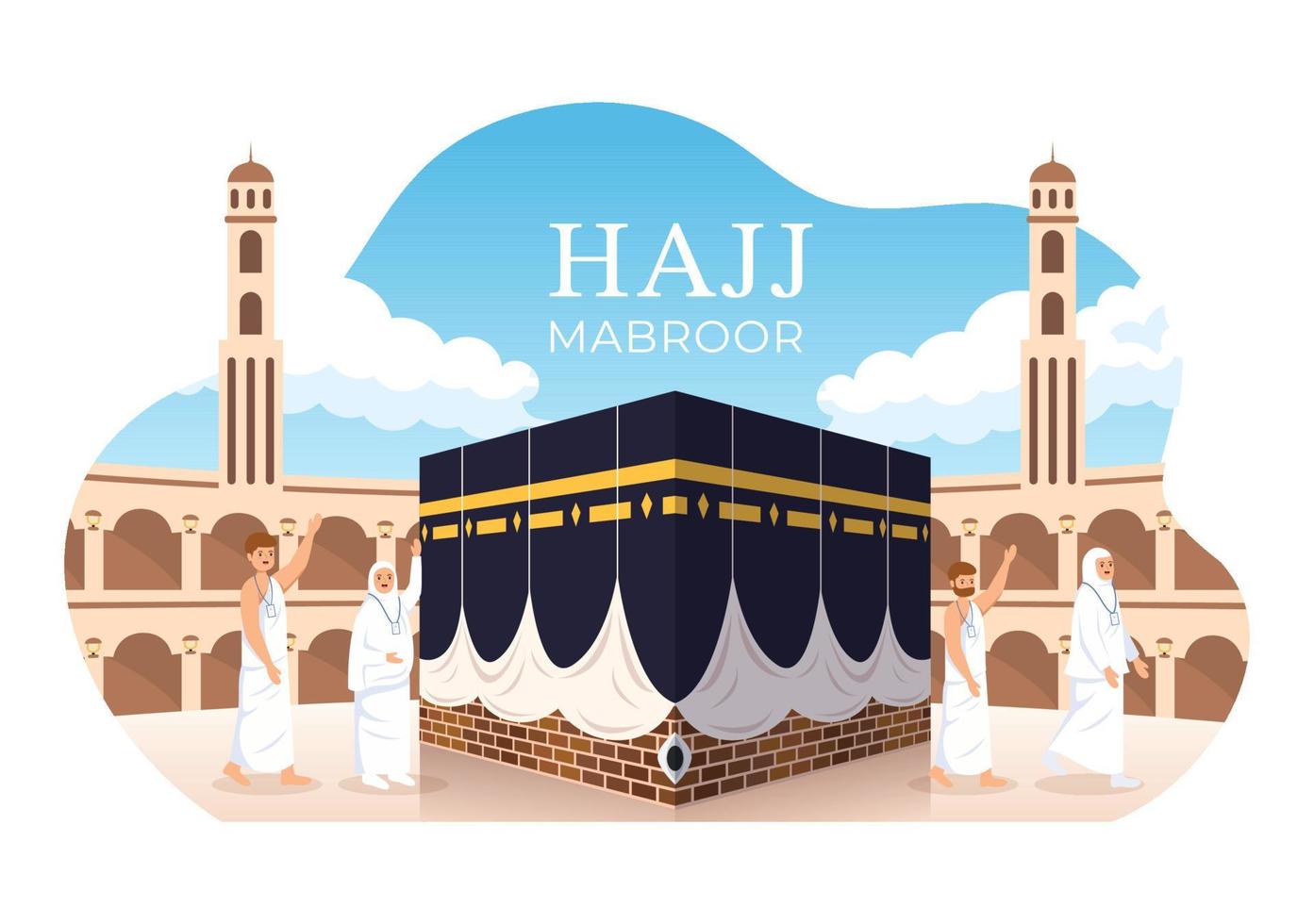 hadj of umrah mabroor cartoon afbeelding met mensen karakter en mekka kaaba geschikt voor poster of bestemmingspagina sjablonen vector