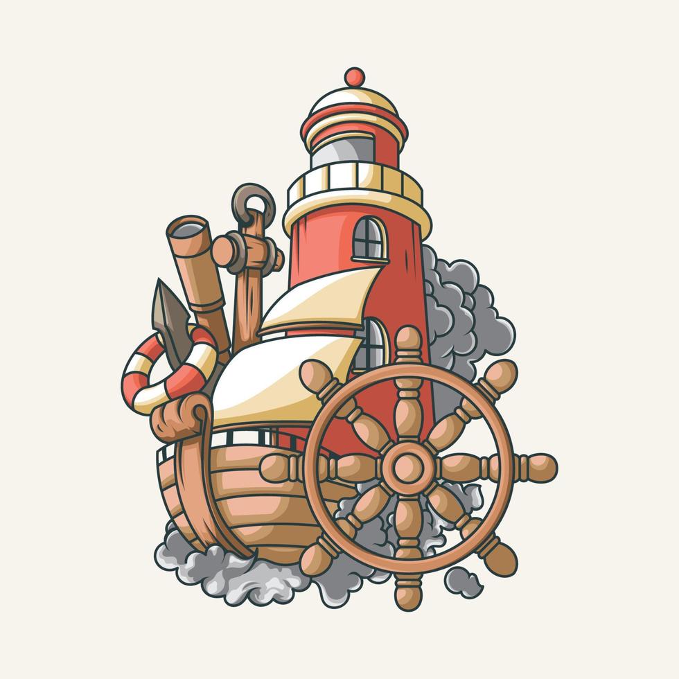 zeilboot en vuurtorenillustratie, avonturenboot vector